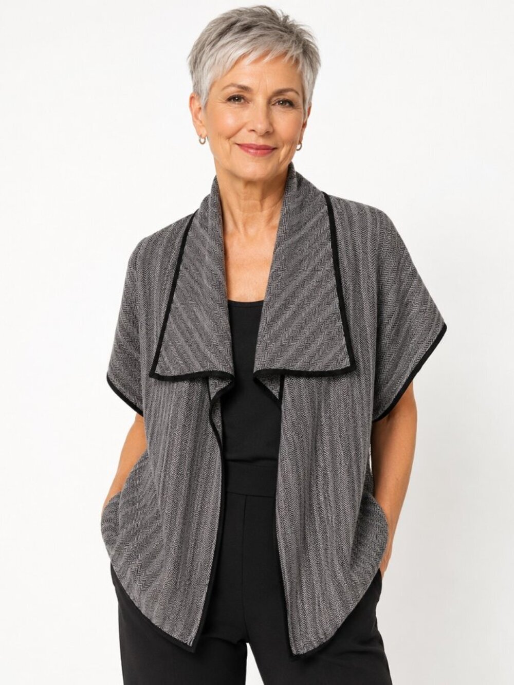 Dana Buchman Grey Herringbone Cotton Short Sleeve Cardigan